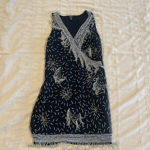 Nasty Gal Tassel Beaded Celestial V Neck mini dress - size 4 - black silver gold